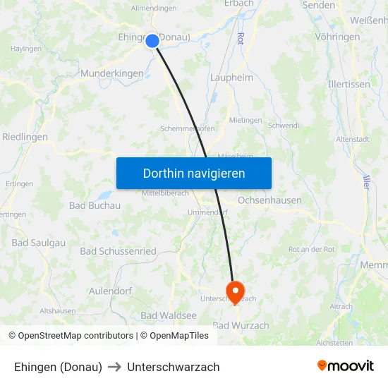 Ehingen (Donau) to Unterschwarzach map
