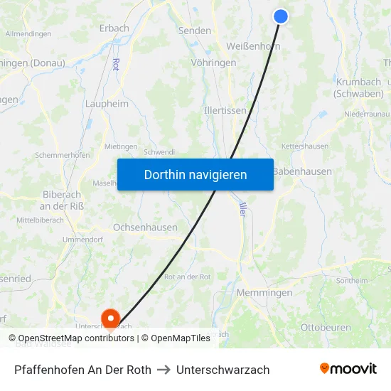 Pfaffenhofen An Der Roth to Unterschwarzach map