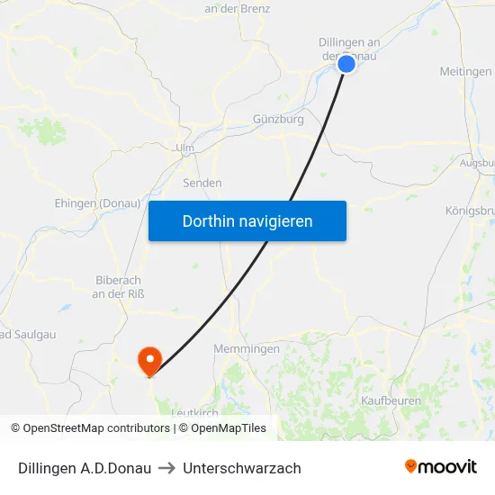 Dillingen A.D.Donau to Unterschwarzach map