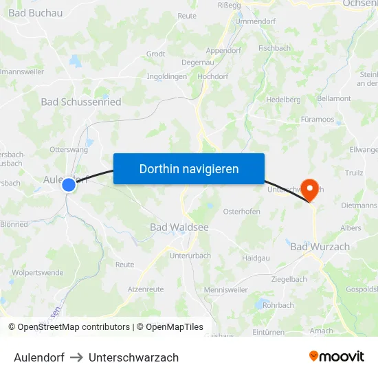 Aulendorf to Unterschwarzach map