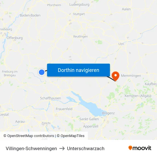 Villingen-Schwenningen to Unterschwarzach map