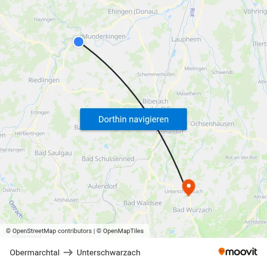 Obermarchtal to Unterschwarzach map