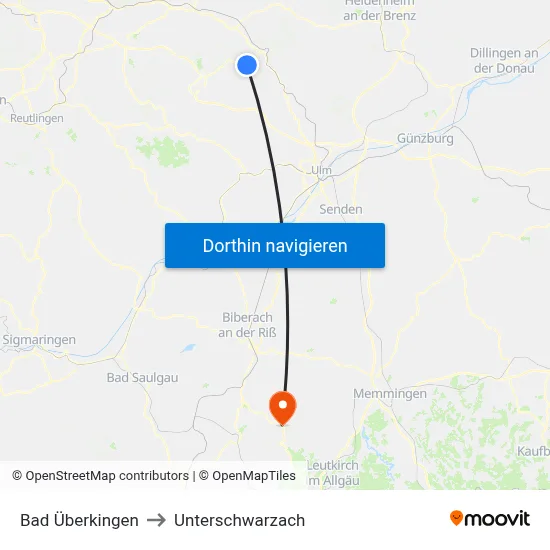 Bad Überkingen to Unterschwarzach map