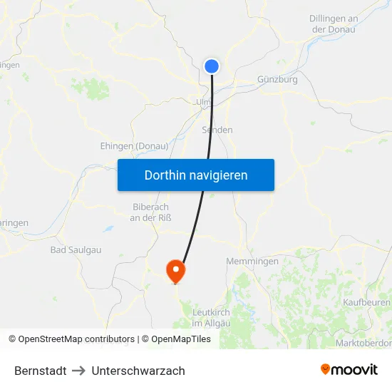 Bernstadt to Unterschwarzach map