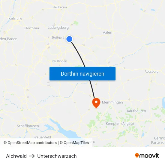 Aichwald to Unterschwarzach map