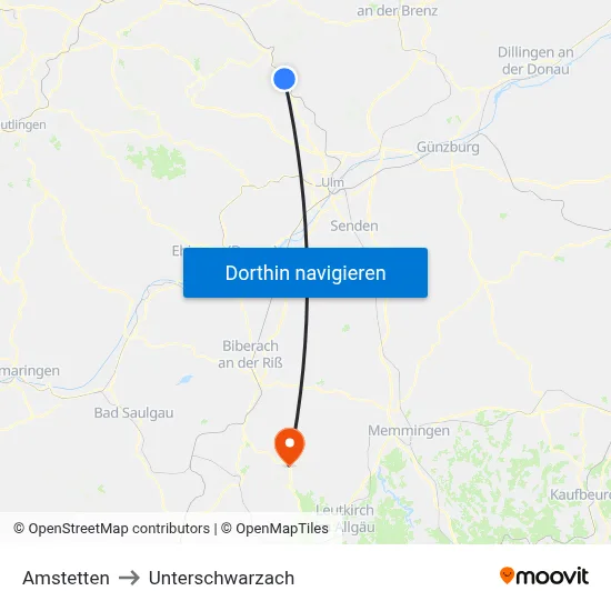 Amstetten to Unterschwarzach map