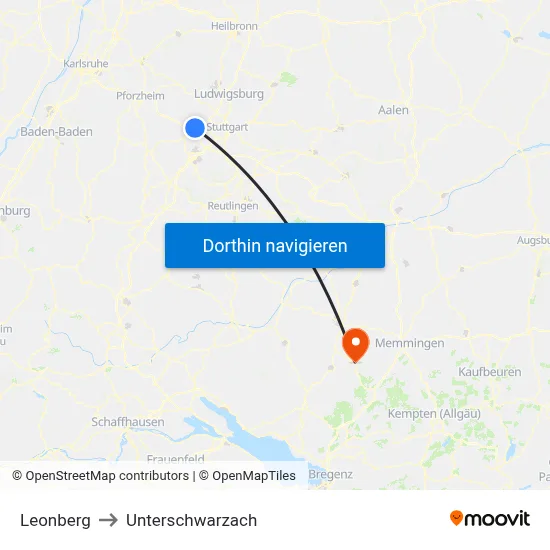 Leonberg to Unterschwarzach map