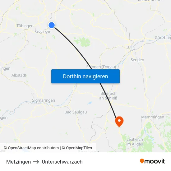 Metzingen to Unterschwarzach map