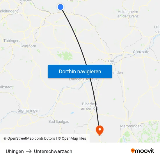 Uhingen to Unterschwarzach map