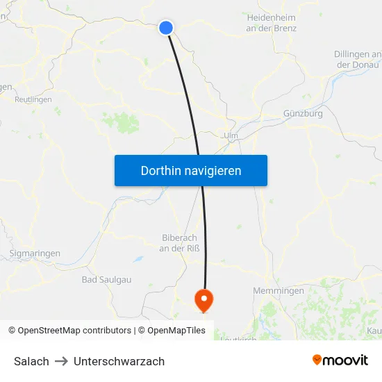 Salach to Unterschwarzach map