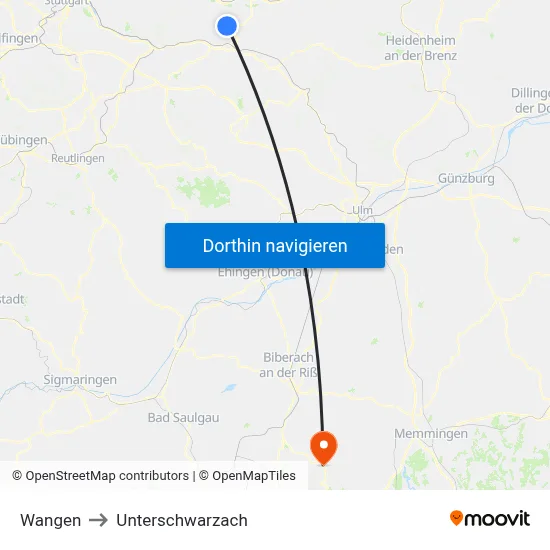 Wangen to Unterschwarzach map