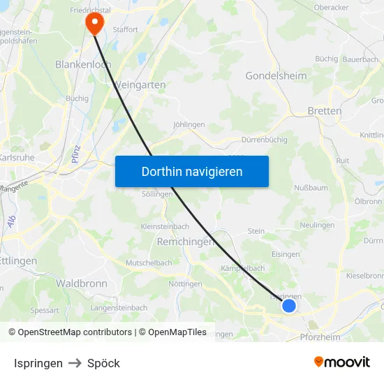 Ispringen to Spöck map
