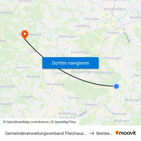 Gemeindeverwaltungsverband Pliezhausen to Beinberg map