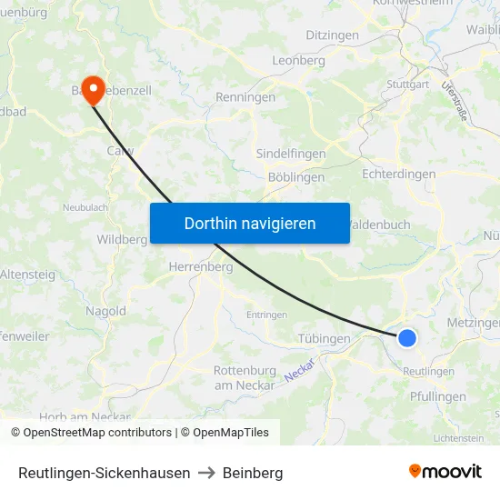 Reutlingen-Sickenhausen to Beinberg map