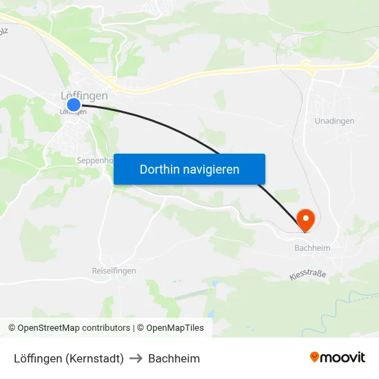 Löffingen (Kernstadt) to Bachheim map