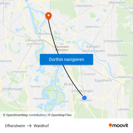 Oftersheim to Waldhof map