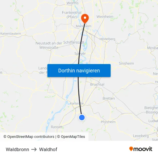 Waldbronn to Waldhof map