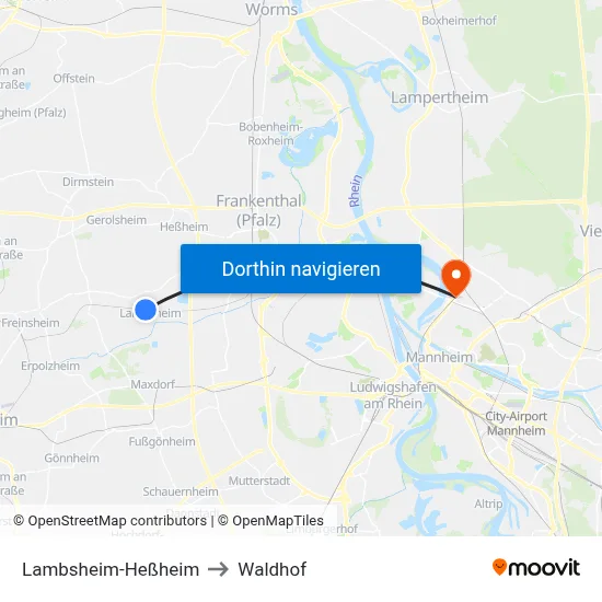 Lambsheim-Heßheim to Waldhof map