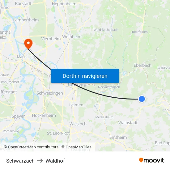 Schwarzach to Waldhof map