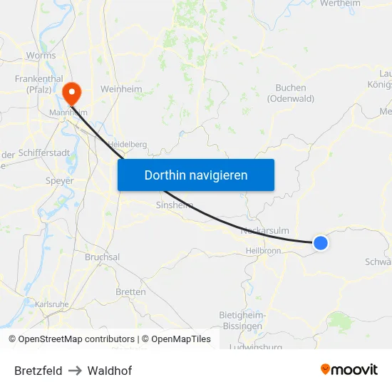 Bretzfeld to Waldhof map