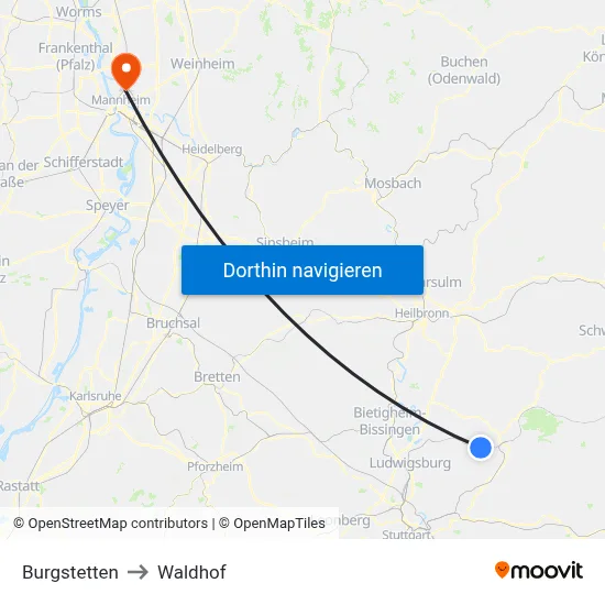 Burgstetten to Waldhof map