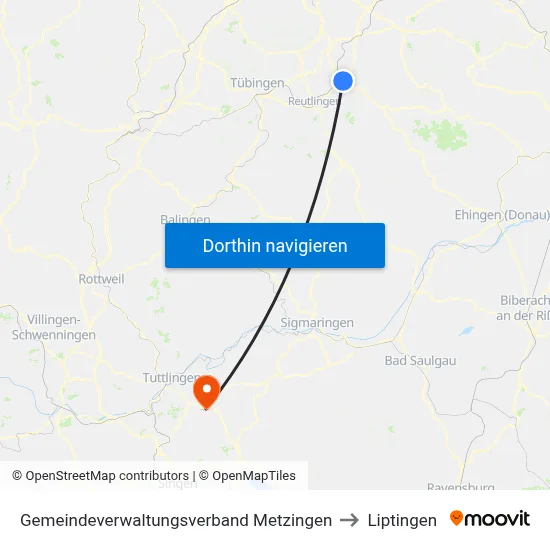 Gemeindeverwaltungsverband Metzingen to Liptingen map