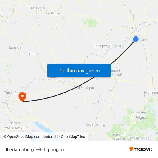 Illerkirchberg to Liptingen map
