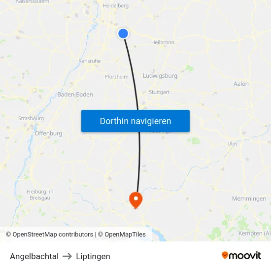Angelbachtal to Liptingen map