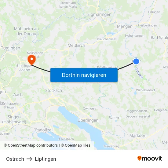 Ostrach to Liptingen map