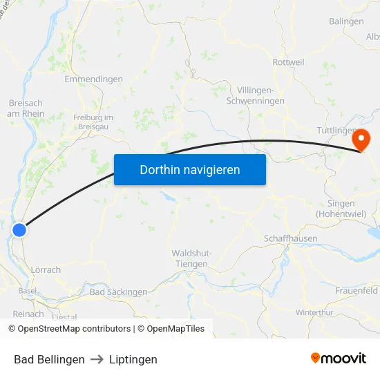 Bad Bellingen to Liptingen map