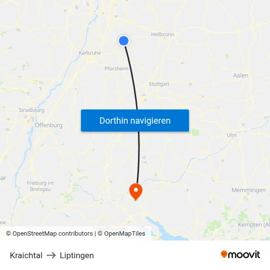 Kraichtal to Liptingen map