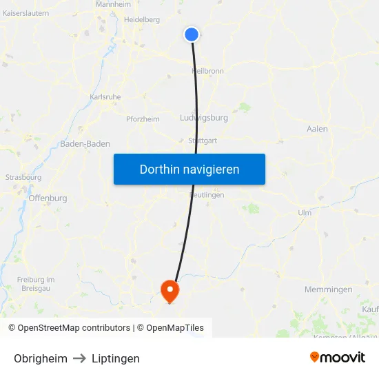 Obrigheim to Liptingen map