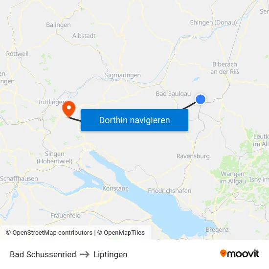 Bad Schussenried to Liptingen map