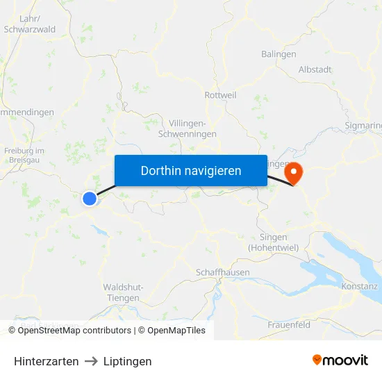 Hinterzarten to Liptingen map