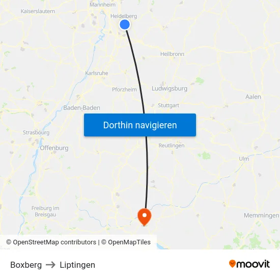 Boxberg to Liptingen map