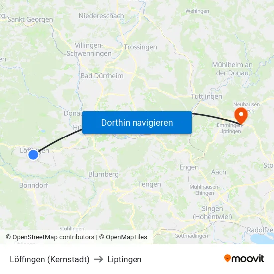 Löffingen (Kernstadt) to Liptingen map