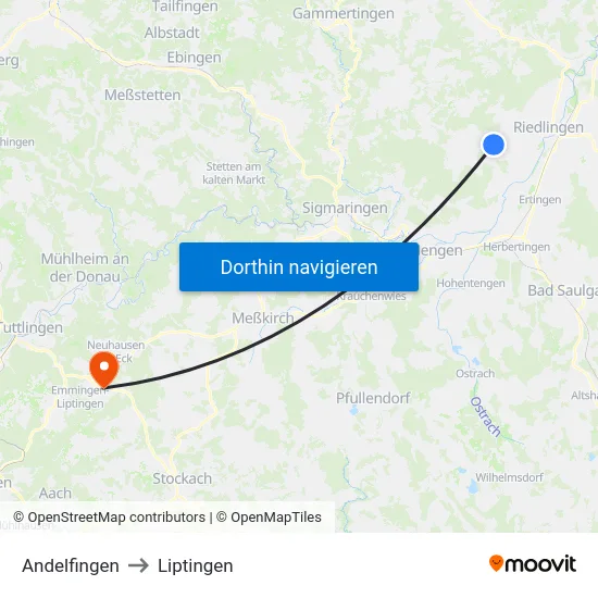 Andelfingen to Liptingen map