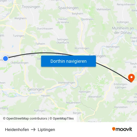 Heidenhofen to Liptingen map
