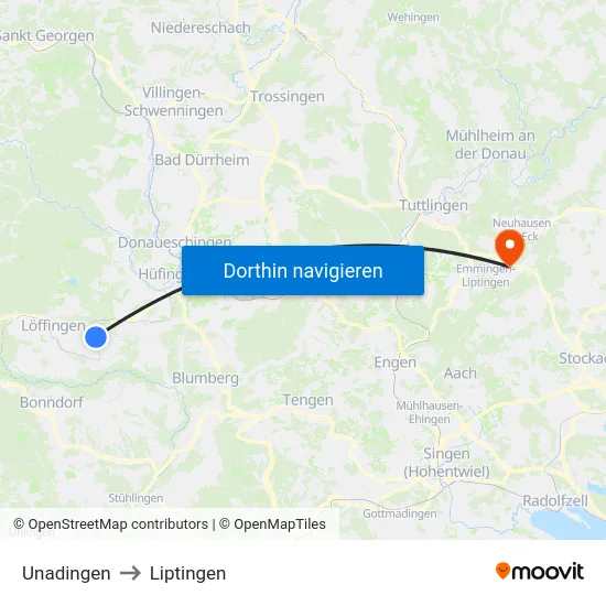 Unadingen to Liptingen map