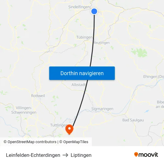 Leinfelden-Echterdingen to Liptingen map