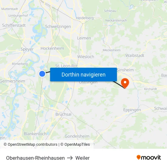 Oberhausen-Rheinhausen to Weiler map