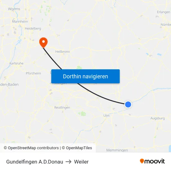 Gundelfingen A.D.Donau to Weiler map
