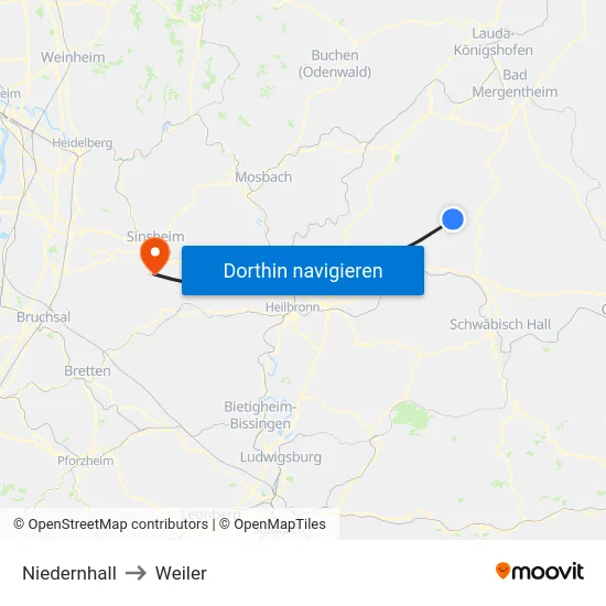 Niedernhall to Weiler map