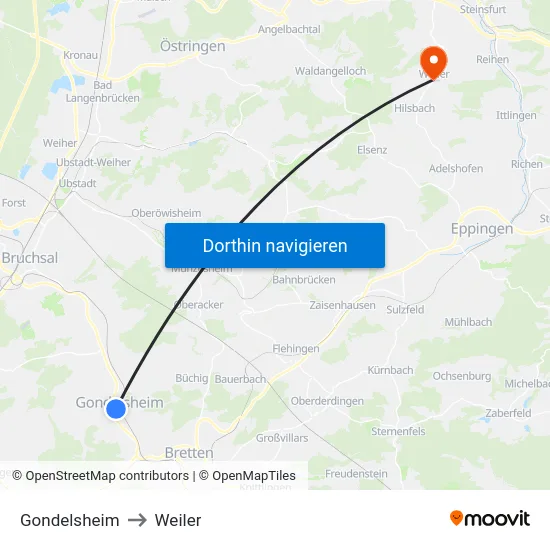 Gondelsheim to Weiler map