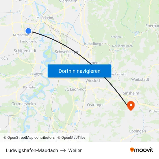 Ludwigshafen-Maudach to Weiler map