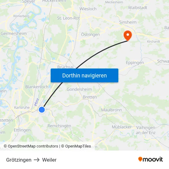 Grötzingen to Weiler map