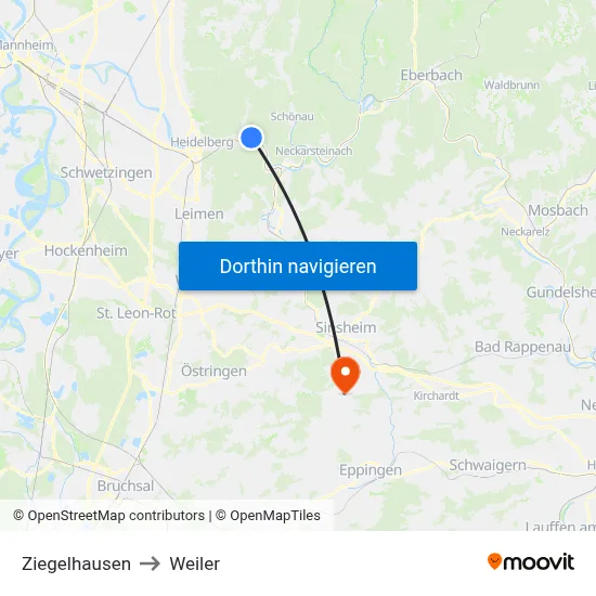 Ziegelhausen to Weiler map