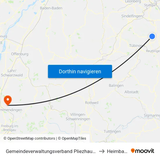 Gemeindeverwaltungsverband Pliezhausen to Heimbach map