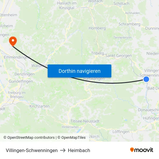 Villingen-Schwenningen to Heimbach map