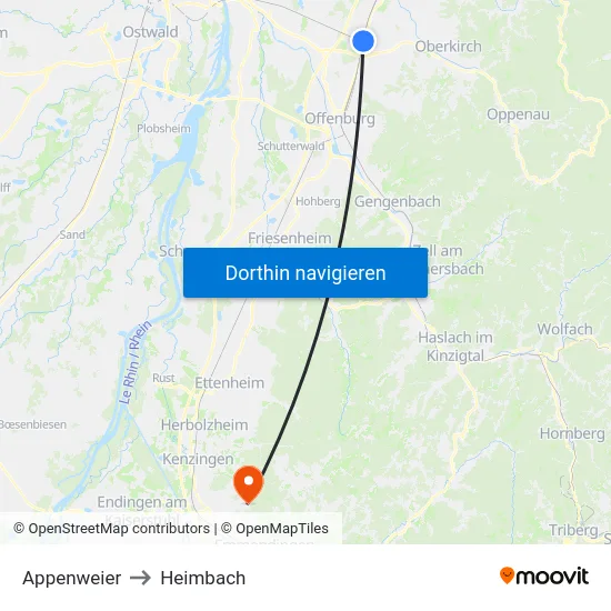 Appenweier to Heimbach map